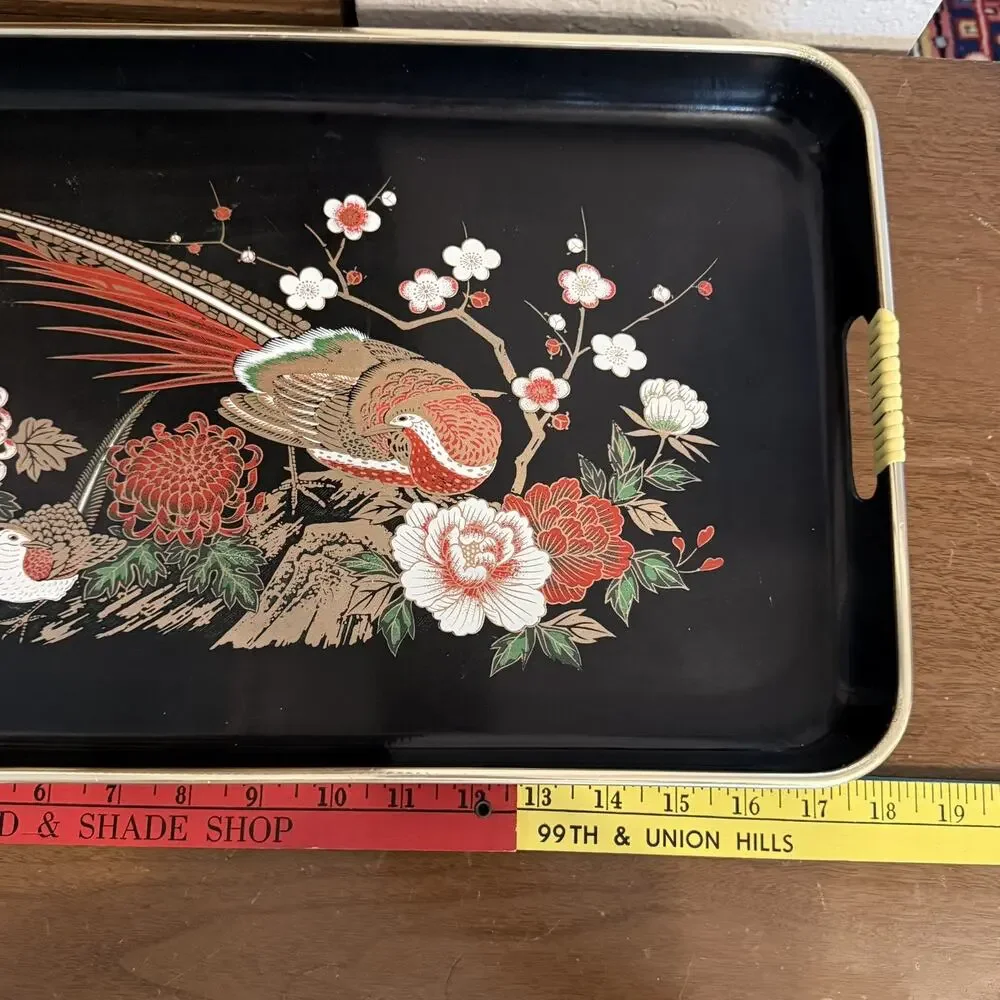 Vintage Serving Tray Toyo Black Lacquerware Japan Floral Decor Gilded Trim